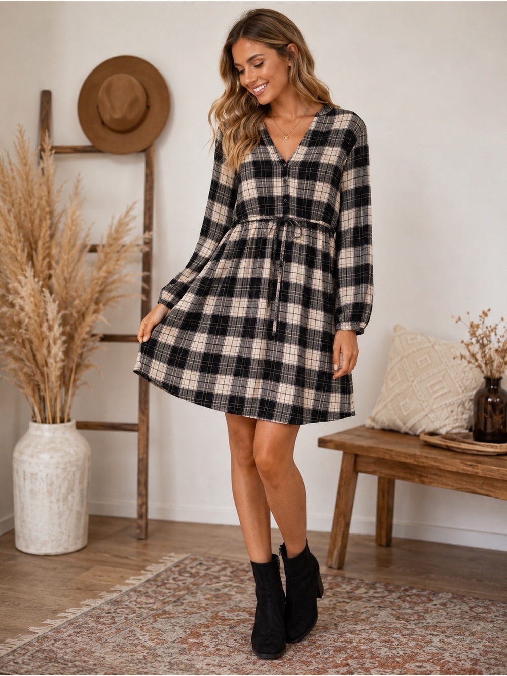 Knox Rose Black & Cream Plaid Midi Dress